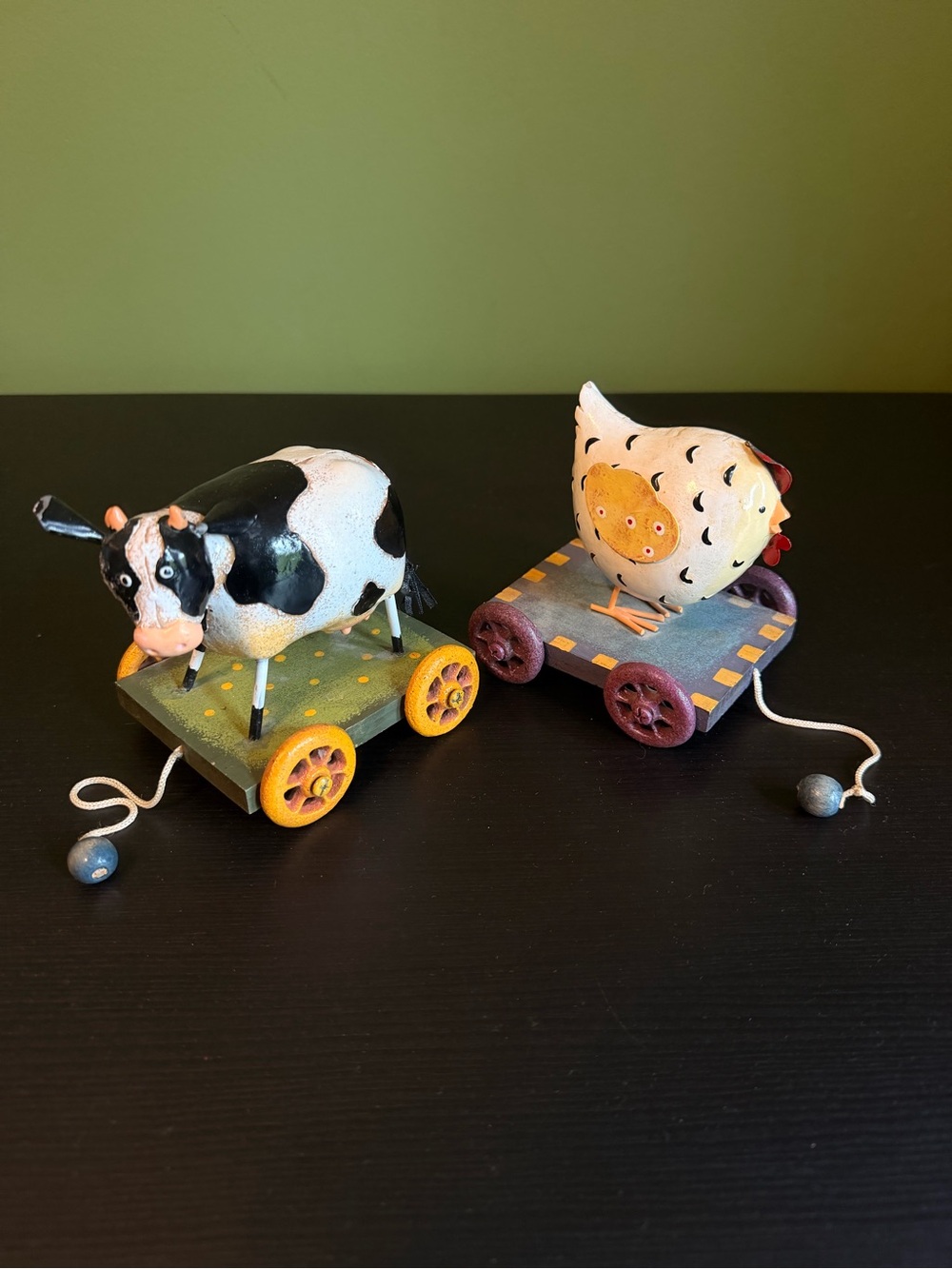 GANZ Pull-Along Farm Animal Toys - Cow (Black & White) and Hen (Cream) Set